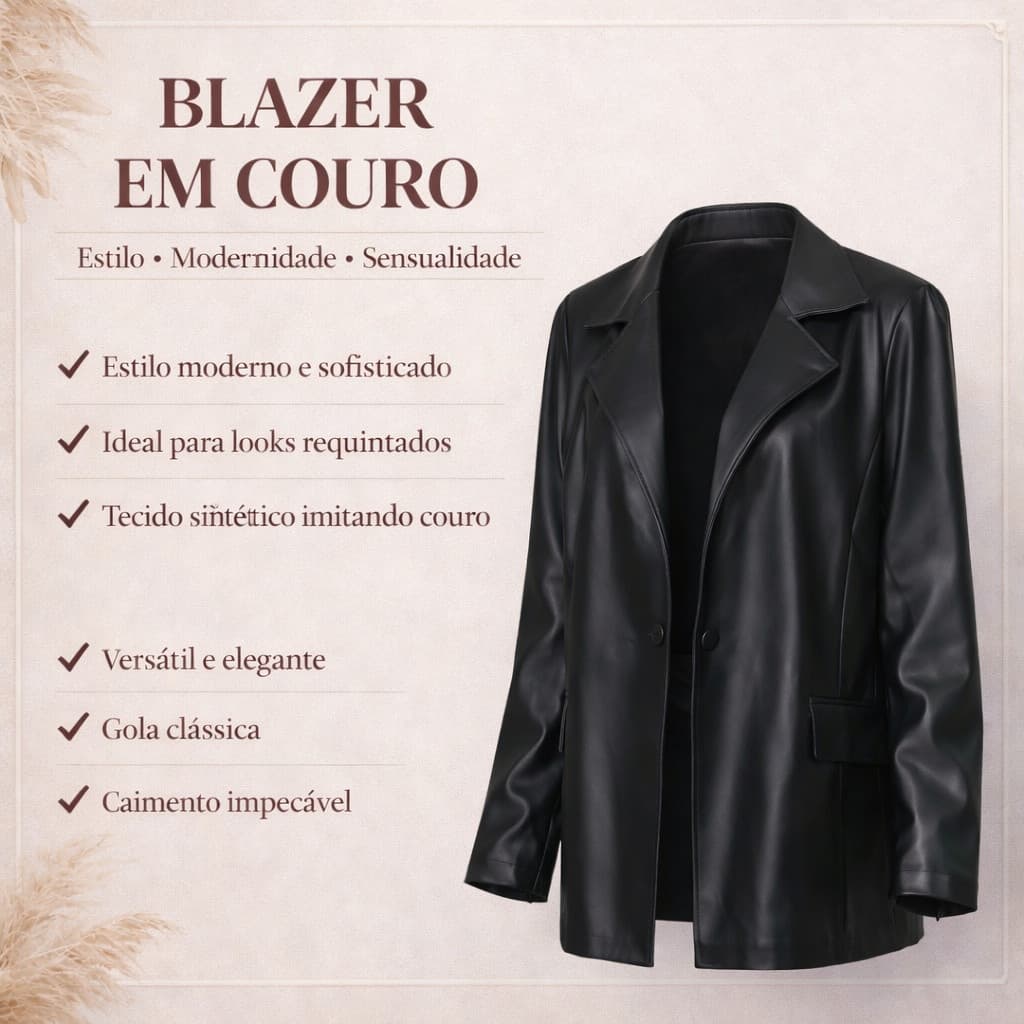 Blazer Feminino Couro Fake Preto Elegante Moda Inverno Gola Clássica Casual e Social
