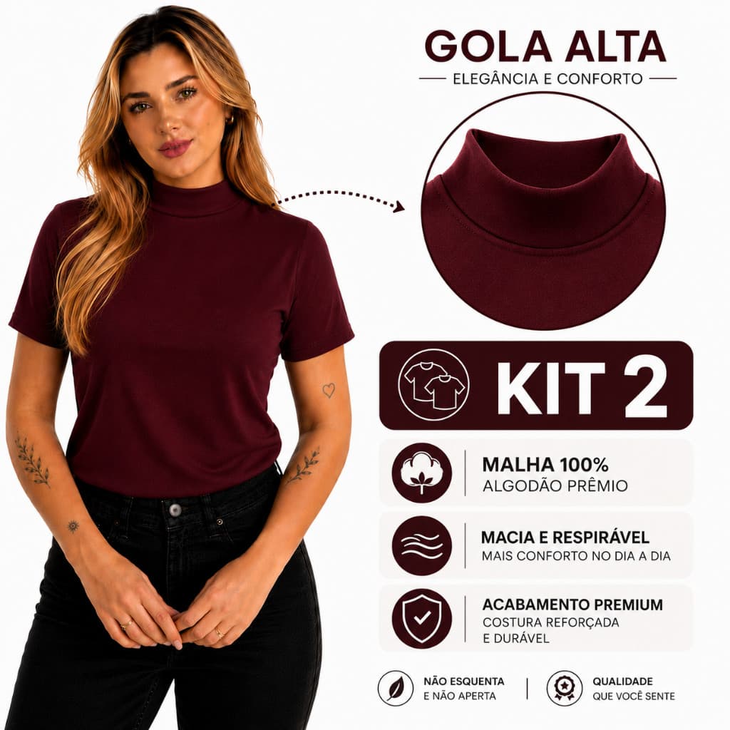 Kit 2 Blusas Gola Alta T-shirt Feminina Camiseta Básica Lisa 100% Algodão