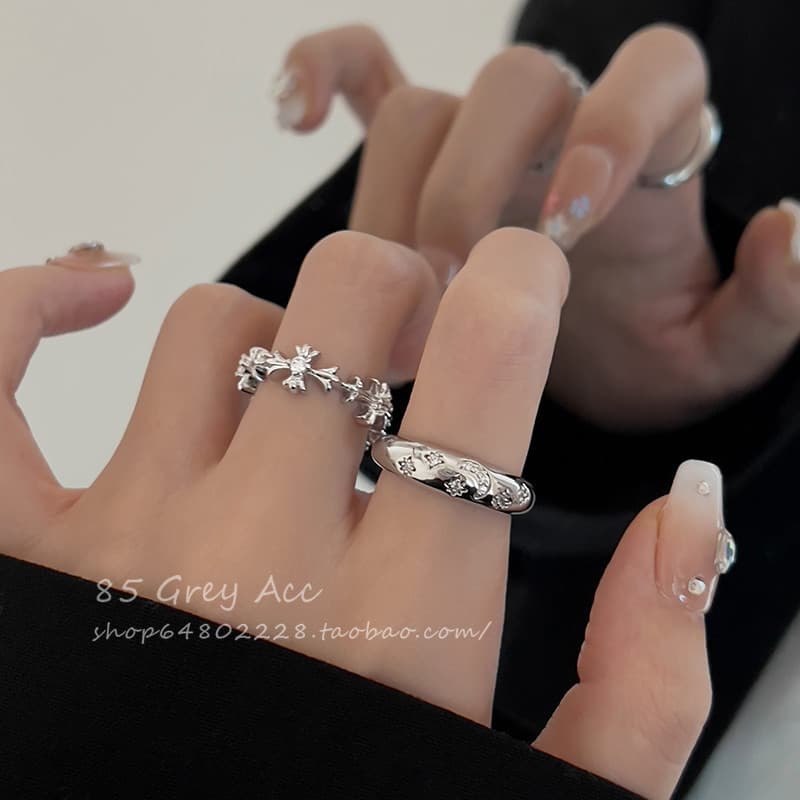 Luz de luxo High-End prata zircão cruz anel feminino abertura anel ajustável ins estilo legal anel de dedo indicador