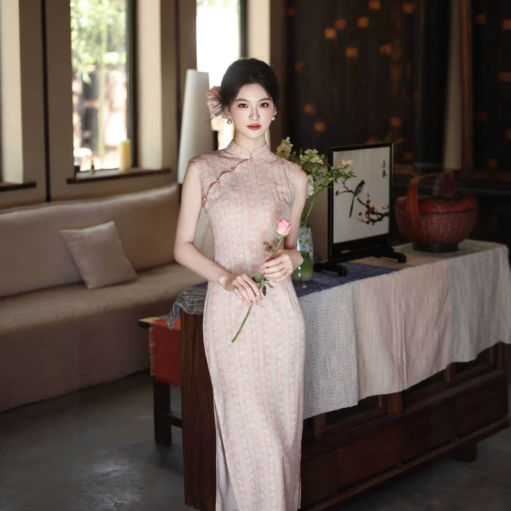 2026 primavera verão novo estilo cheongsam jovem rosa Tencel linho cheongsam elegante sem mangas fino ajuste cheongsam p