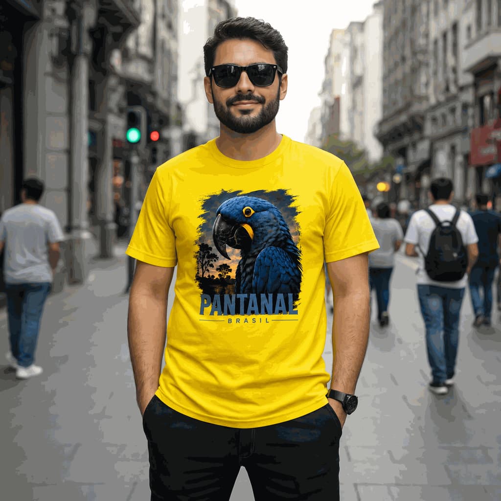 Camiseta Pantanal Brasil Arara Azul Casual Algodão Premium Estampa Exclusiva Manga Curta Unissex