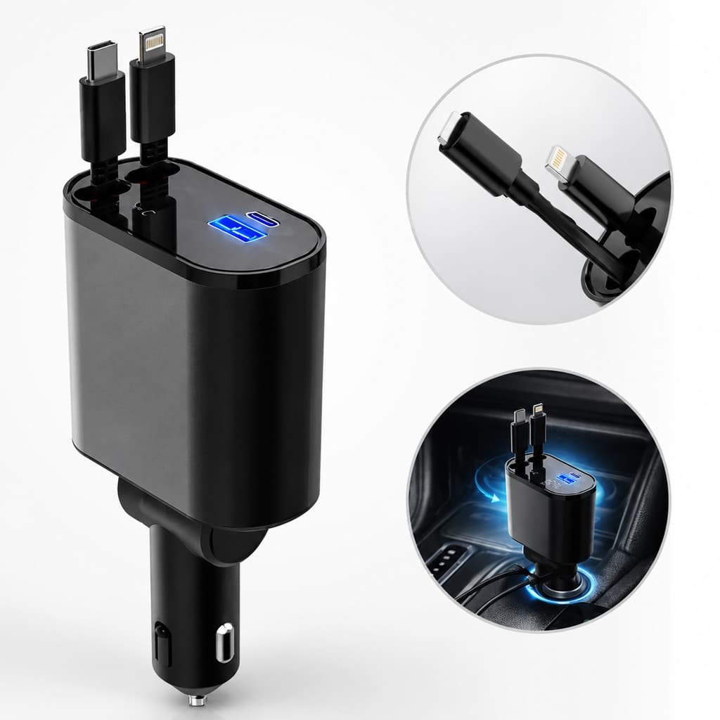 Carregador de carro retrátil, carregador rápido de para carro 4 em 1 para iPhone e Android