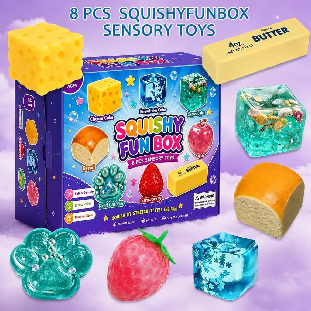 Conjunto De Brinquedos Sensoriais Squishy Mystery Fun Box De 8 Peças , Presente Para Alívio Do Estresse Crianças E Adult