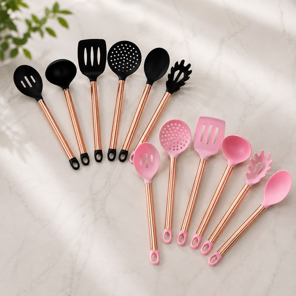 Kit de Cozinha Com 6 Utensílios de Silicone Rosa ou Preto com Cabo Inox Rose Gold Metal Aço