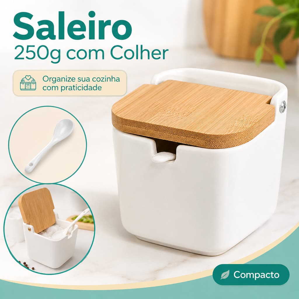 Saleiro Porcelana Premium De Mesa Colher Tampa Bambu