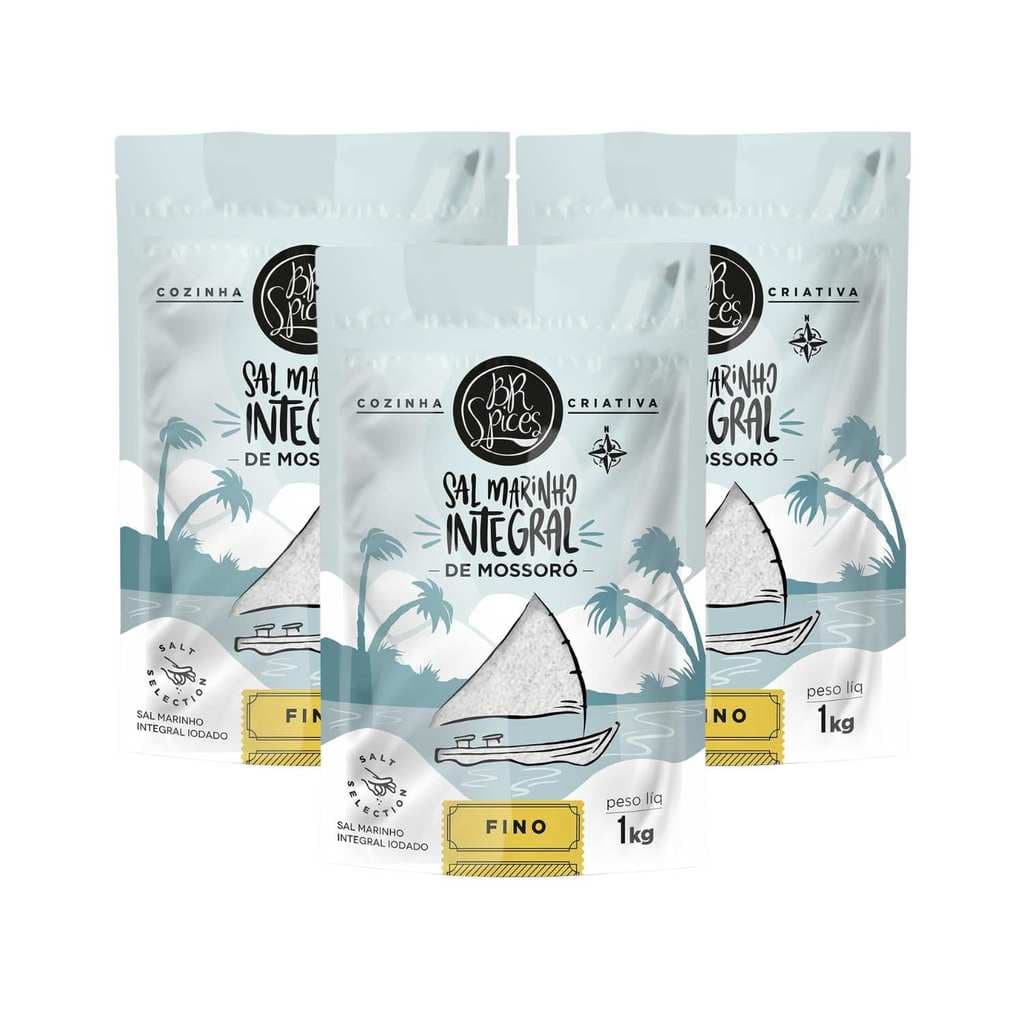 Kit Sal Marinho Fino Integral de Mossoró Sem Antiumectante - BR Spices 3 Unidades 1kg