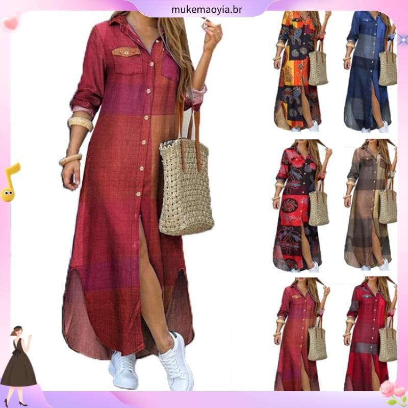 Moda Manga Longa B utton-Down CSA Vestido Para Mulher 2023 Primavera Casual Impressão Escritório Vestidos Longos