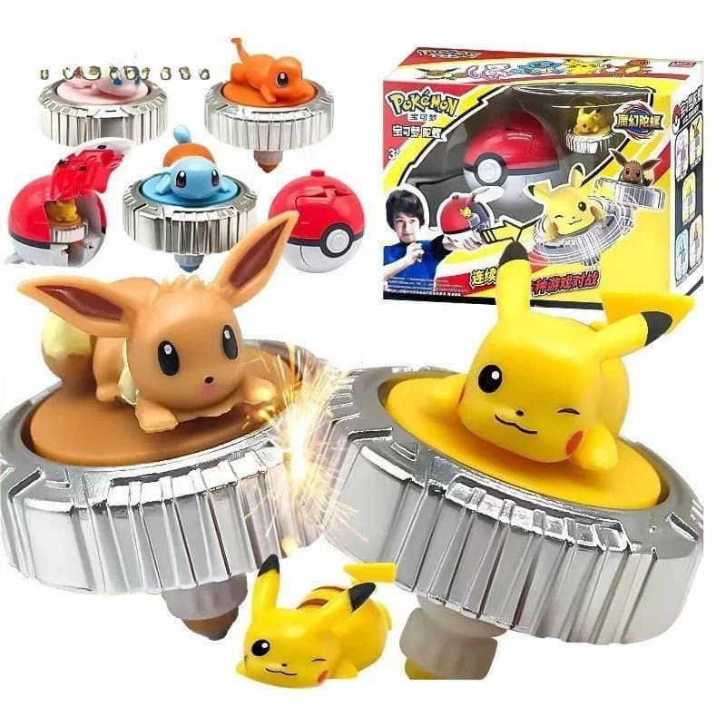 Brinquedo Giratório Pokémon (Beyblade/Giroscópio) Com Lançador PokeBall (Pikachu/Eevee/Equirtle/Charmander/Mew) Figura D