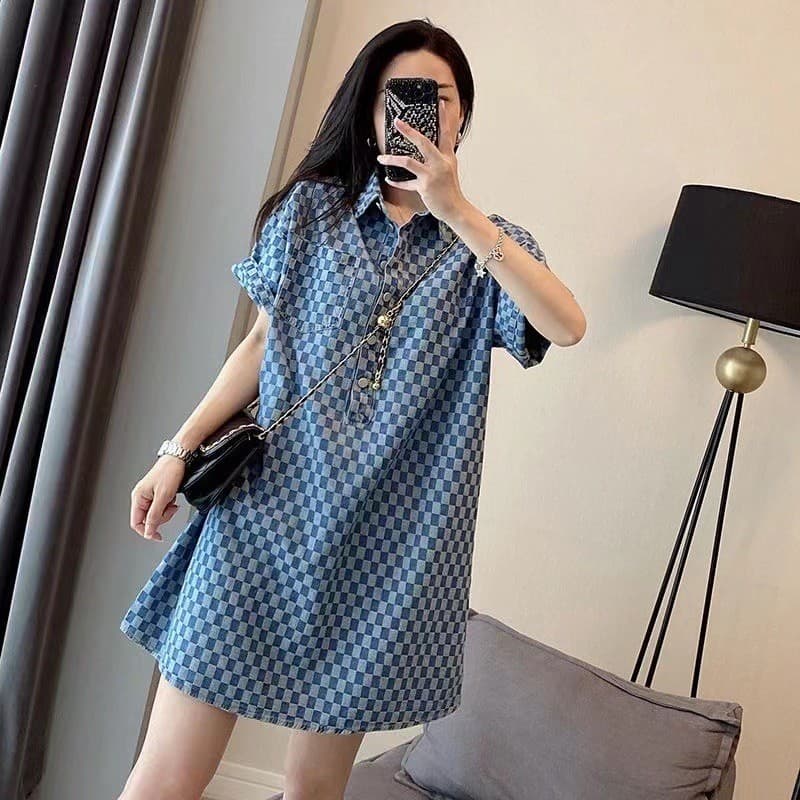 Vestido jeans azul feminino verão novo estilo tamanho Extra grande comprimento médio solto camiseta de manga curta