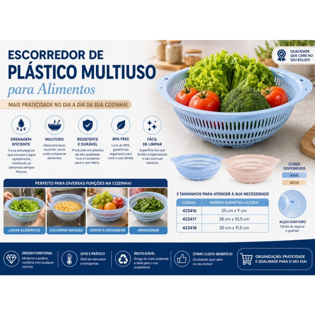 Escorredor Redondo de Plástico Multiuso para Alimentos - 3 Opções de tamanhos - 2 Cores Escolha o seu