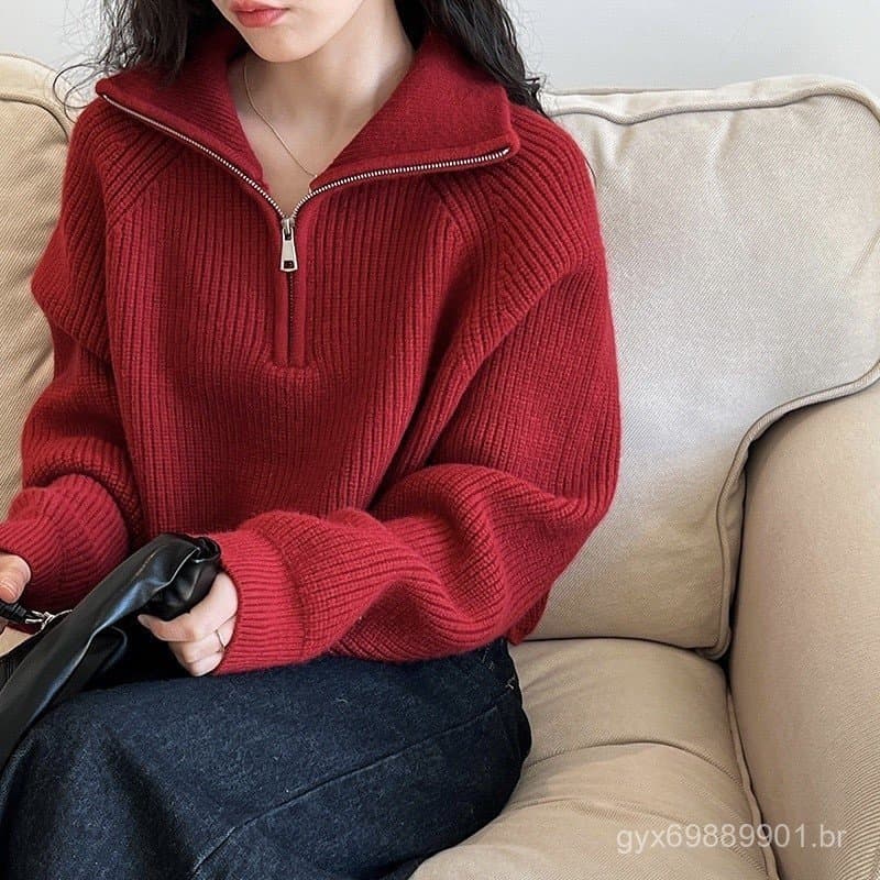 Suéter de Gola Alta com Meio Zíper Vermelho para Mulheres, Outono Inverno 2024, Novo Estilo Coreano, Solto e Casual de L