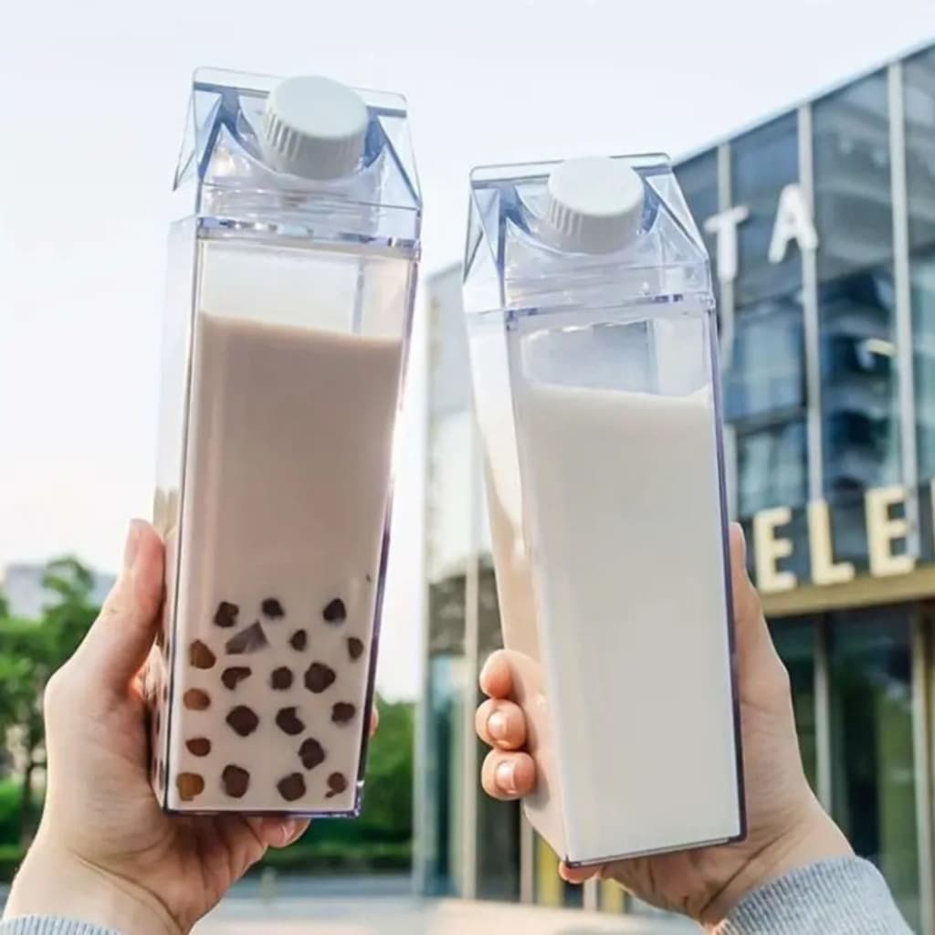Garrafa Acrílica Caixa de Leite 1L Transparente Com Tampa Para Geladeira Suco Água Leite