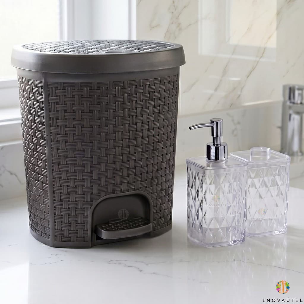 Kit Banheiro 3 Peças Jogo De Banheiro Com Lixeira 6l Pedal Porta Sabonete Liquido E Algodão