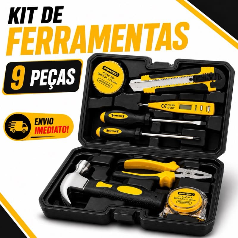 Kit Ferramentas Resistente 9 Peças Completo com Maleta  – Martelo Alicate Chaves Uso Profissional