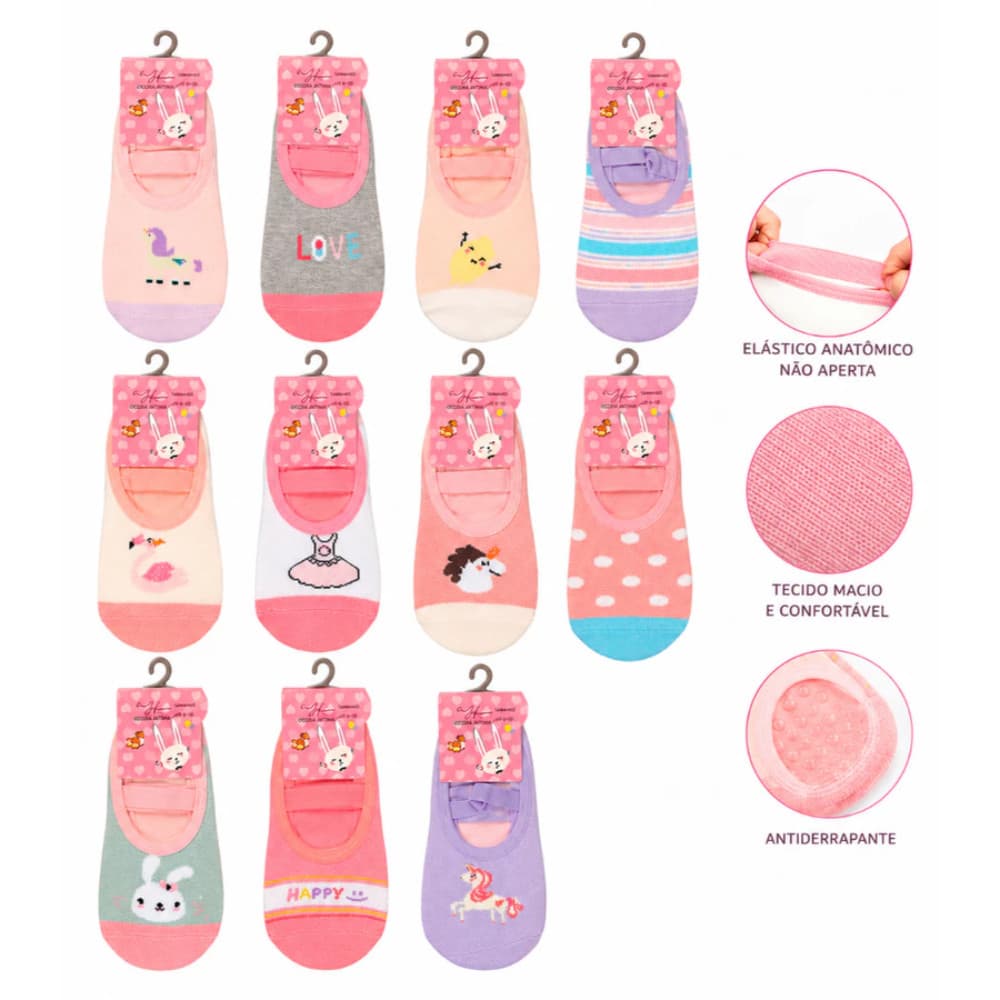 Kit 6 Pares Meia Sapatilha Antiderrapante Infantil Menina