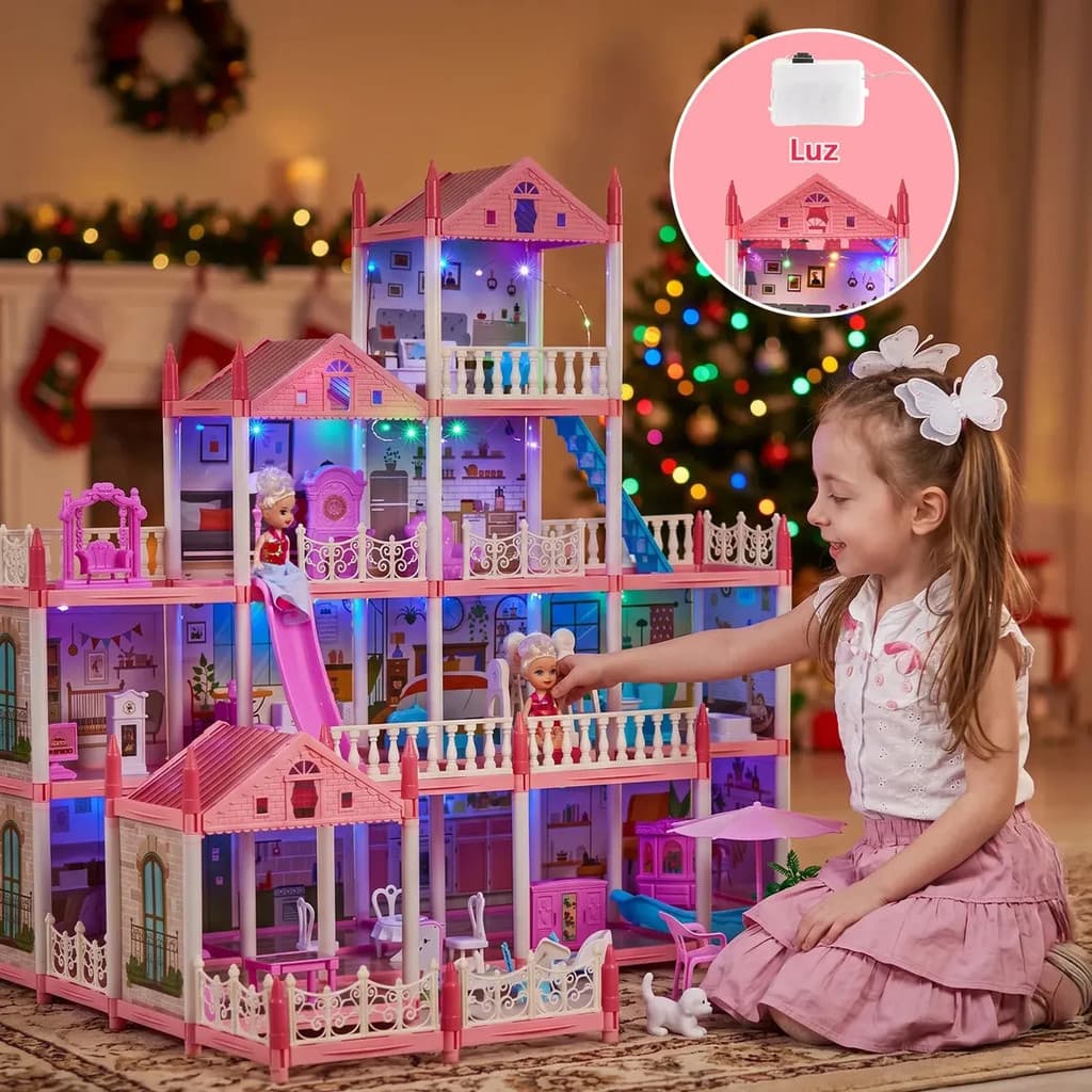 JogoJunto Casa de Boneca 4 Andares 310 Peças 14 Cômodos com Luz LED 2 Bonecas Móveis Escorregador Rosa