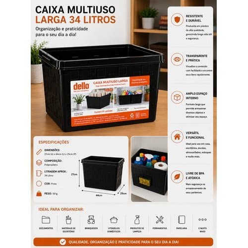 Caixa Organizadora Plástica Multiuso 34 Litros Preta Tampa Armazenamento Residencial Comercial