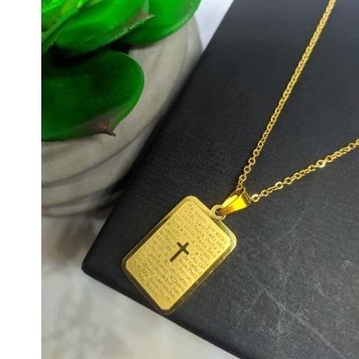 Colar Corrente Masculino com Pingente Placa Pai Nosso Aço Inox Cordão Dourado Prata