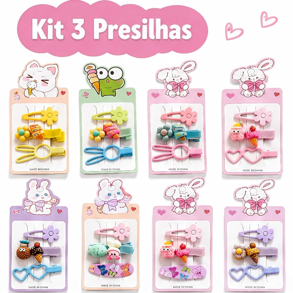 Kit c/3 Presilhas Infantil Coloridas Para Cabelo Menina Com Apliques Fofos Laço Flor Coelho e Sorvete