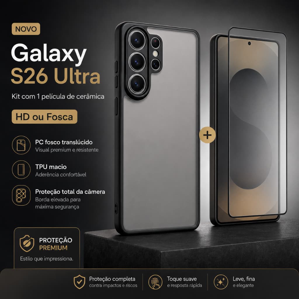 Kit Capa capinha translucida preto Premium Galaxy S26 Ultra + Película Cerâmica HD/Fosca