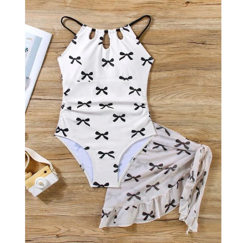 Conjunto De Roupa De Praia Infantil De 2 Peças Com Estampa De Laço E Saia De Malha Gola Alta