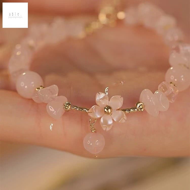 Pulseira De Cascalho De Flor De Cerejeira Rosa – Presente De Luxo Leve De Verão Para Meninas E Mulheres Melhor Amigo