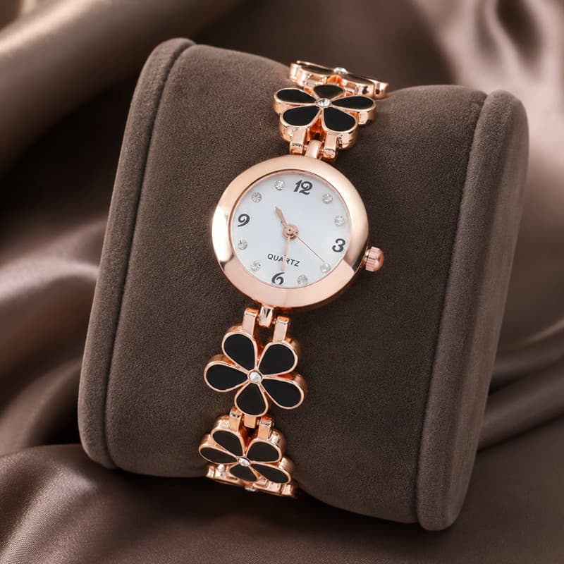 Relógio de quartzo floral feminino, elegante e simples, em branco ou preto, adequado para uso diário e para presentear