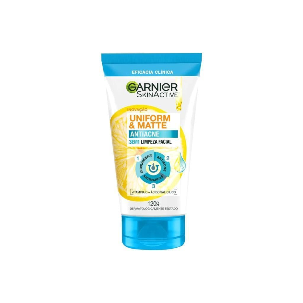 Garnier Sabonete Facial Antiacne Uniform Matte Ácido Salicílico Vitamina C Pele Oleosa 3 em 1 120g