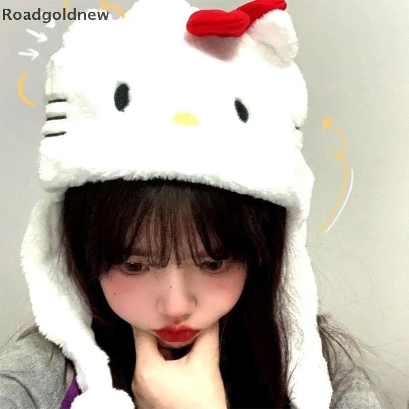 RGN kawaii KT gato chapéu de pelúcia bonito dos desenhos animados Hello Kitty cabeça engrossada proteção de chapéu quent