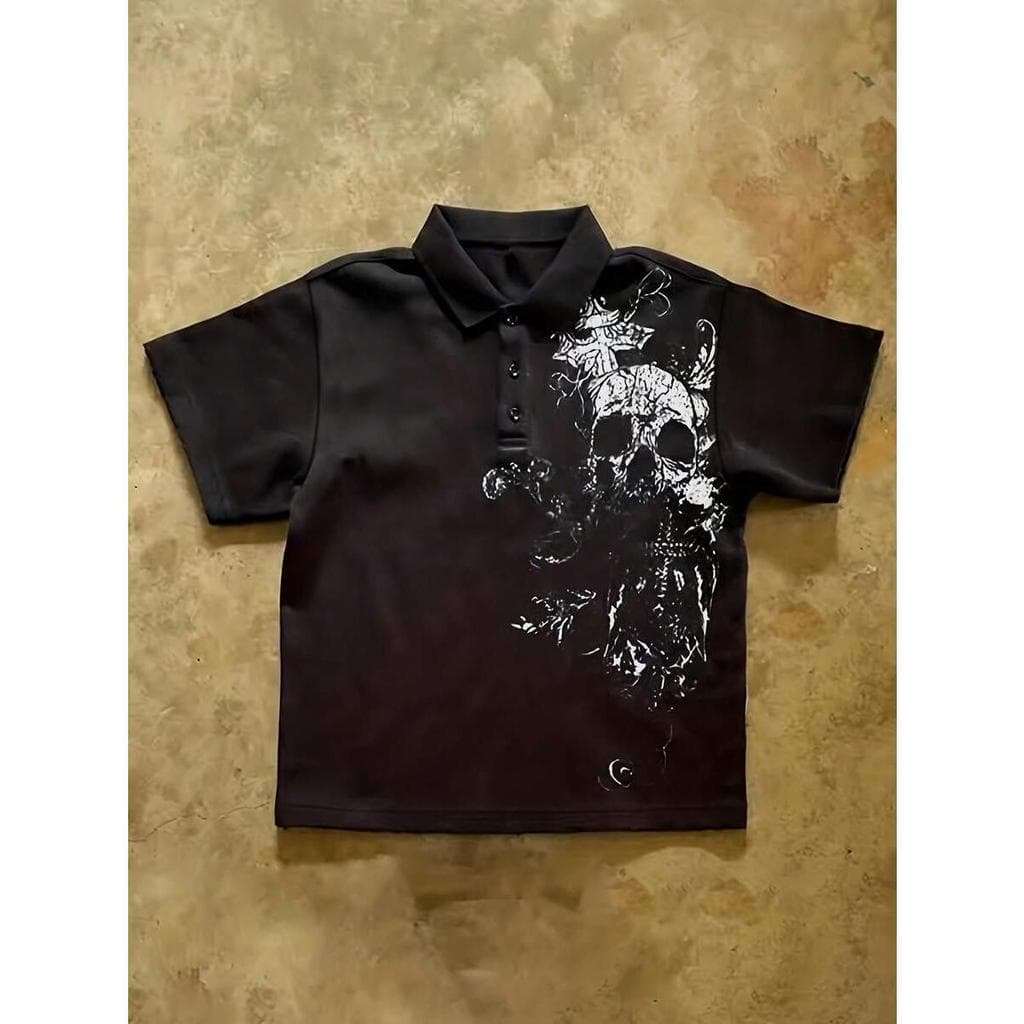 Gola Polo dark Streetwear Estilo Americano Dark com Padrões Retro de Caveiras, T-shirts Y2K, Moda de Verão, Polos Clássi