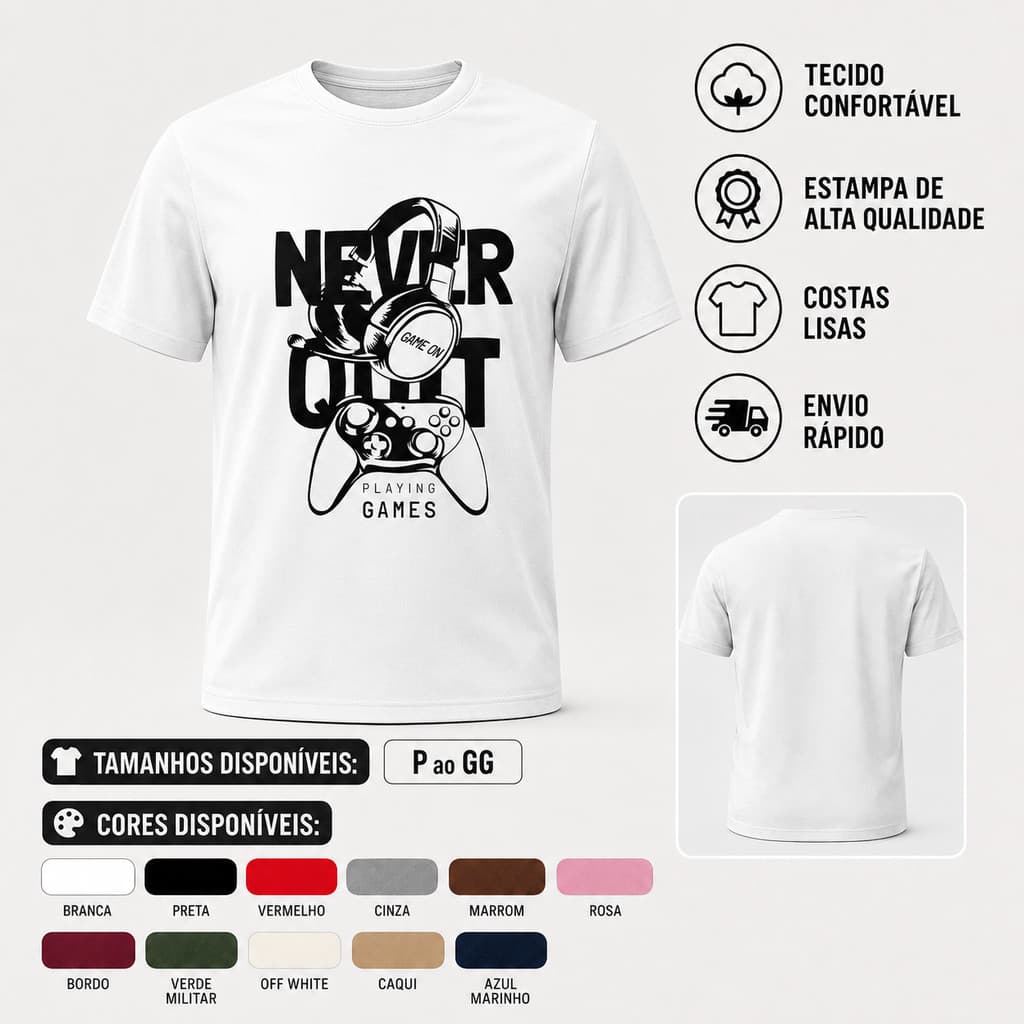Camiseta Masculina Gamer Never Quit com Estampa Controle e Headset Retrô-P ao GG