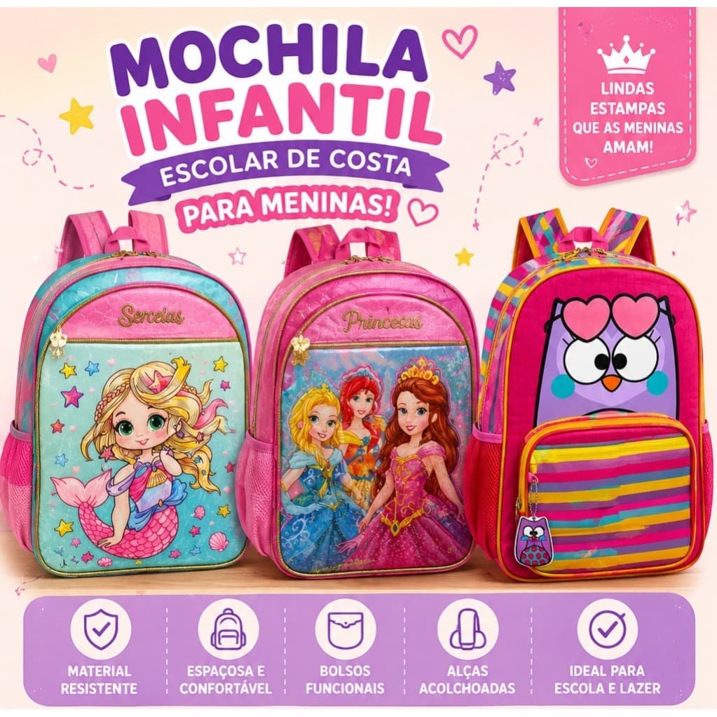 Mochila Infantil Escolar de Costas Grande Menina Sereia Princesas Corujinha Volta às Aulas