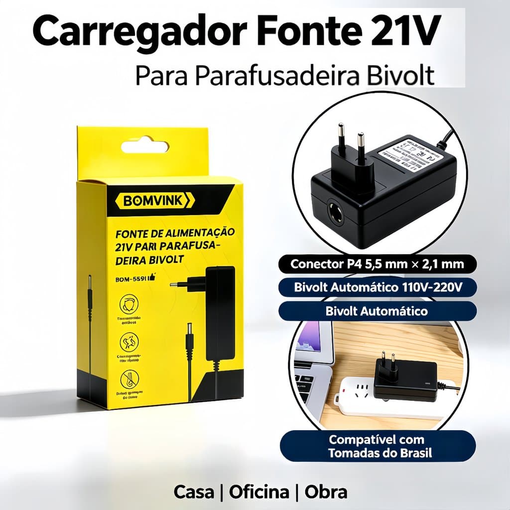 Carregador Parafusadeira 21V Bivolt 1A | Carregamento Rápido com Proteção LED | Conector P4 Furadeira Ferramentas