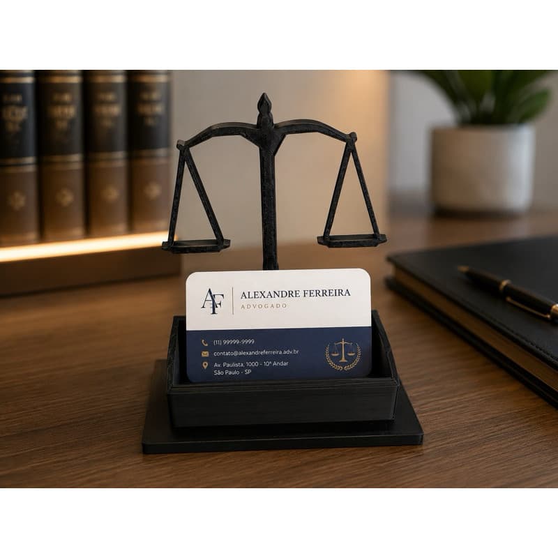 Porta Cartão de Visita Balança da Justiça | Organizador de Mesa Jurídico para Advogados e Escritórios de Advocacia
