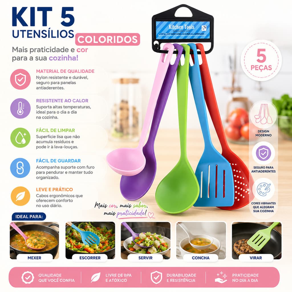 Kit Utensílios de Cozinha 5 Peças em Nylon Colorido – Colher, Concha, Espátula e Escumadeira