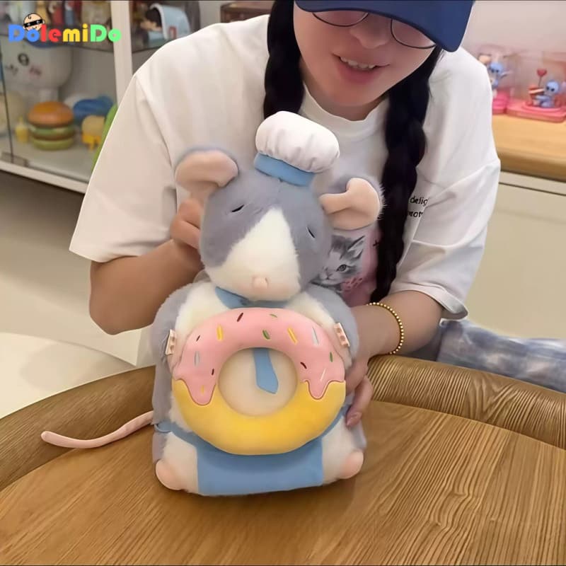 Brinquedo de Pelúcia Chef Mouse com Donut Magnético, Chapéu de Chef Transformável, Anel com Diamante Escondido, Presente
