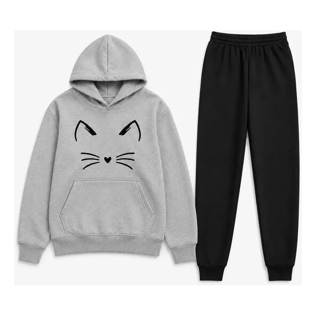 Conjunto Cat Lover Moletom Canguru Calça Jogger Premium Streetwear