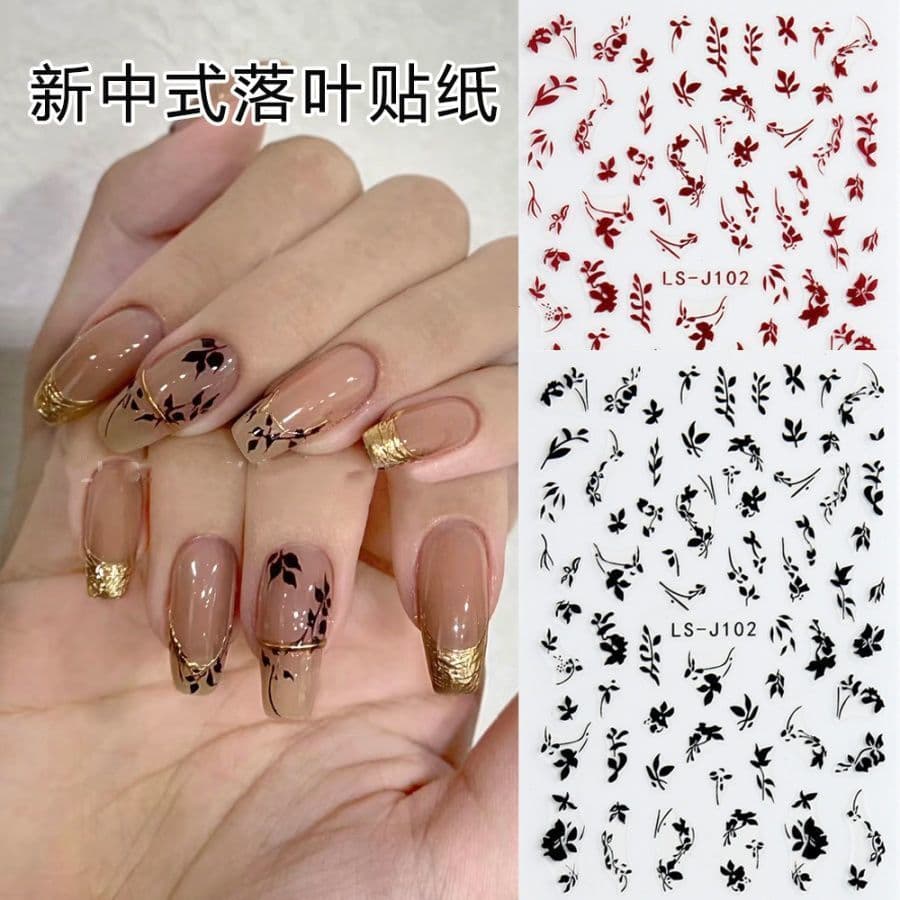 Manicure estilo chinês Retro pintado à mão flor decorativa folha adesivos adesivos decalques de unhas estilo ins com arc
