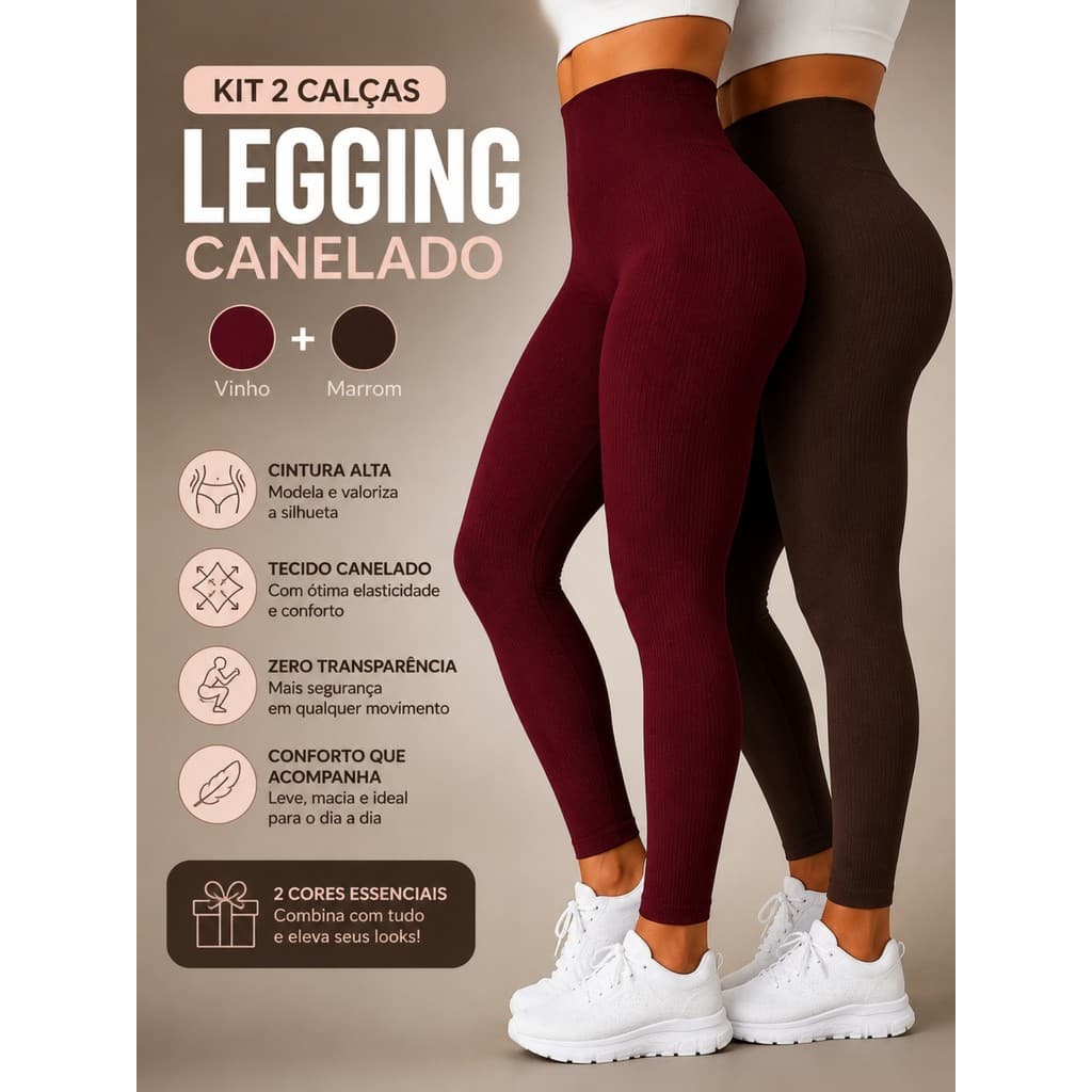 Kit 2 Calças Legging Canelado Cintura Alta Modala o Corpo Ajustado