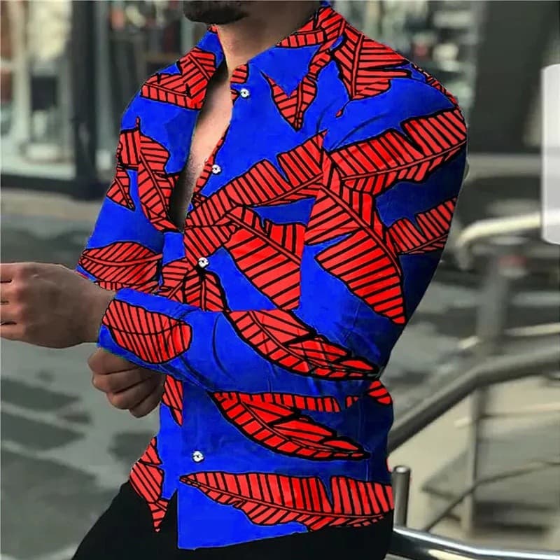 Camisas Vintage de Outono para Homens, Camisa Casual Oversized com Estampa de Folha de Bananeira, Manga Longa, Botões, R