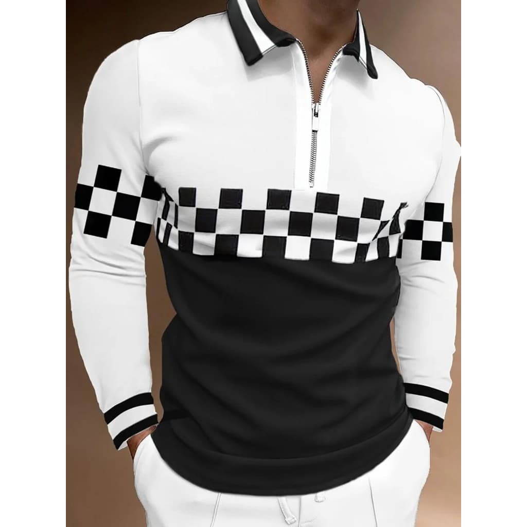 Nova Camisa Polo Masculina de Manga Longa para Outono, Camisa Polo com Detalhes em Patchwork, Camisetas Masculinas de Al
