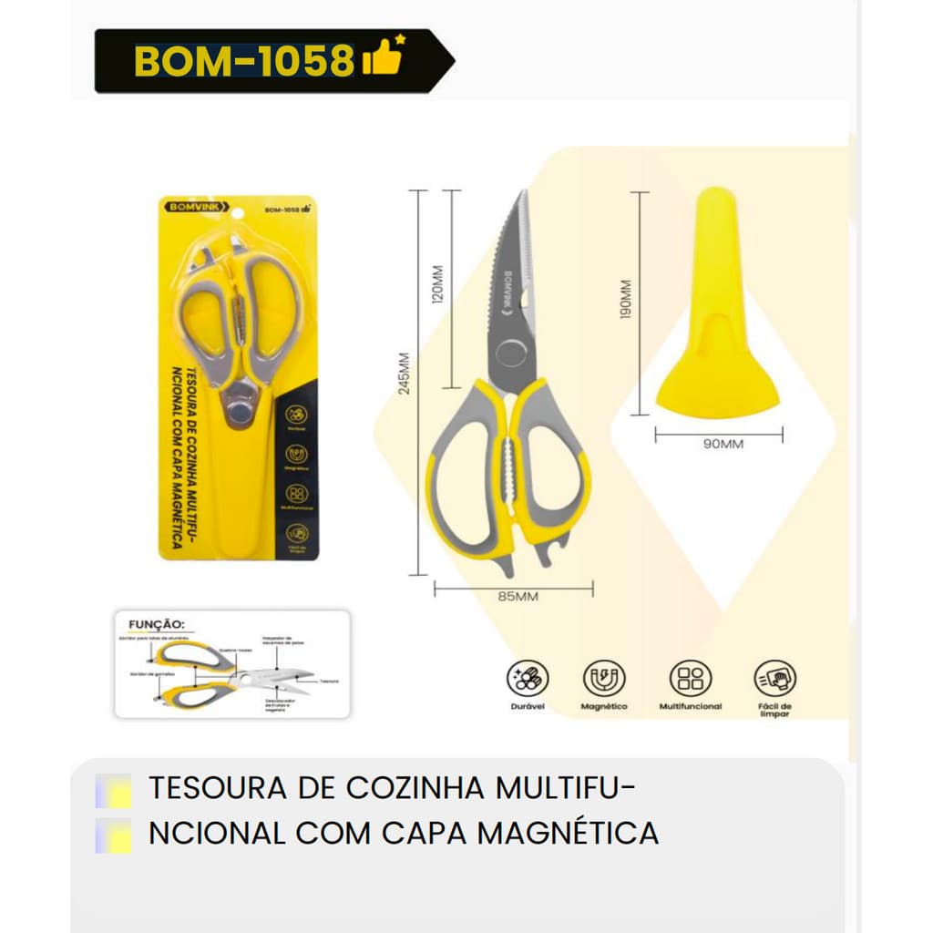Tesoura de Cozinha Multifuncional com Imã para Geladeira, Lâmina Desmontável e Capa Protetora