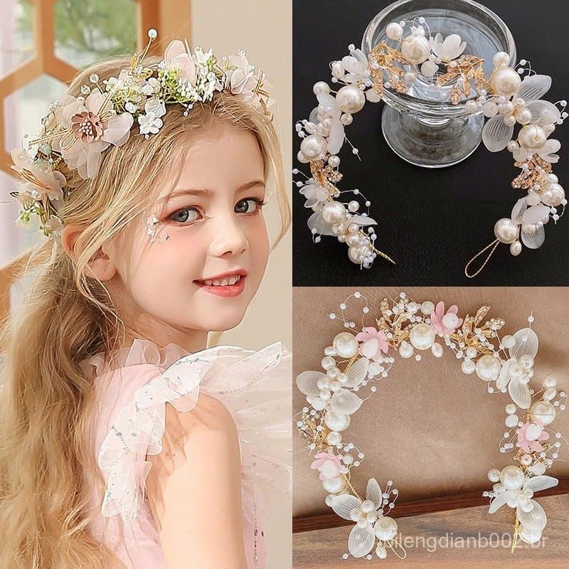 1 Peça Coroa De Flores De Pérola E Renda Para Meninas , Faixa De Cabeça De Festa De Aniversário , Acessórios De Cabelo F