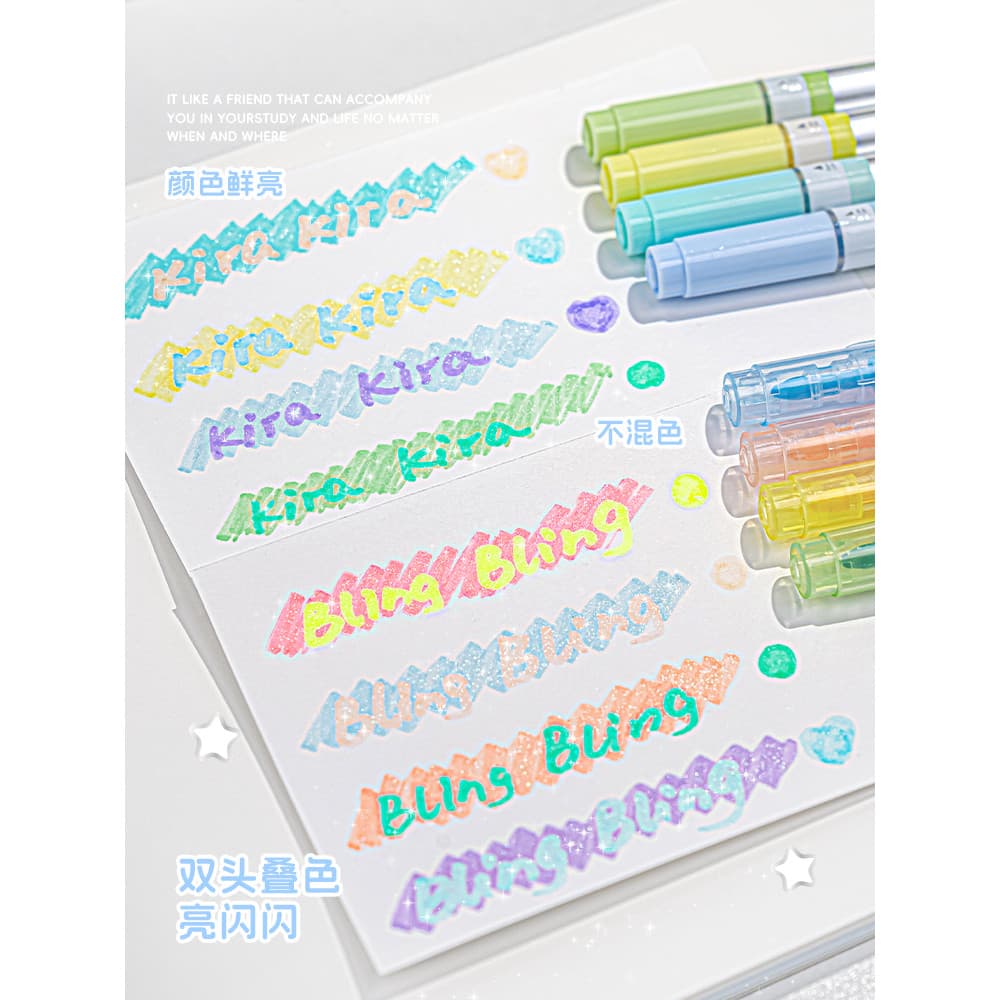 RosyPosy conjunto macio de duas cabeças empilhados cor piscando caneta fina piscando iluminador cor chave notebook canet