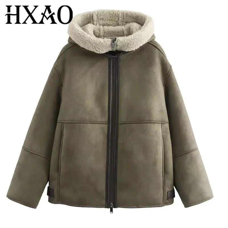 Casaco de Inverno HXAO com Capuz, Parka de Manga Longa em Camurça Peluda, Jaqueta Feminina de Outono com Zíper, Casacos