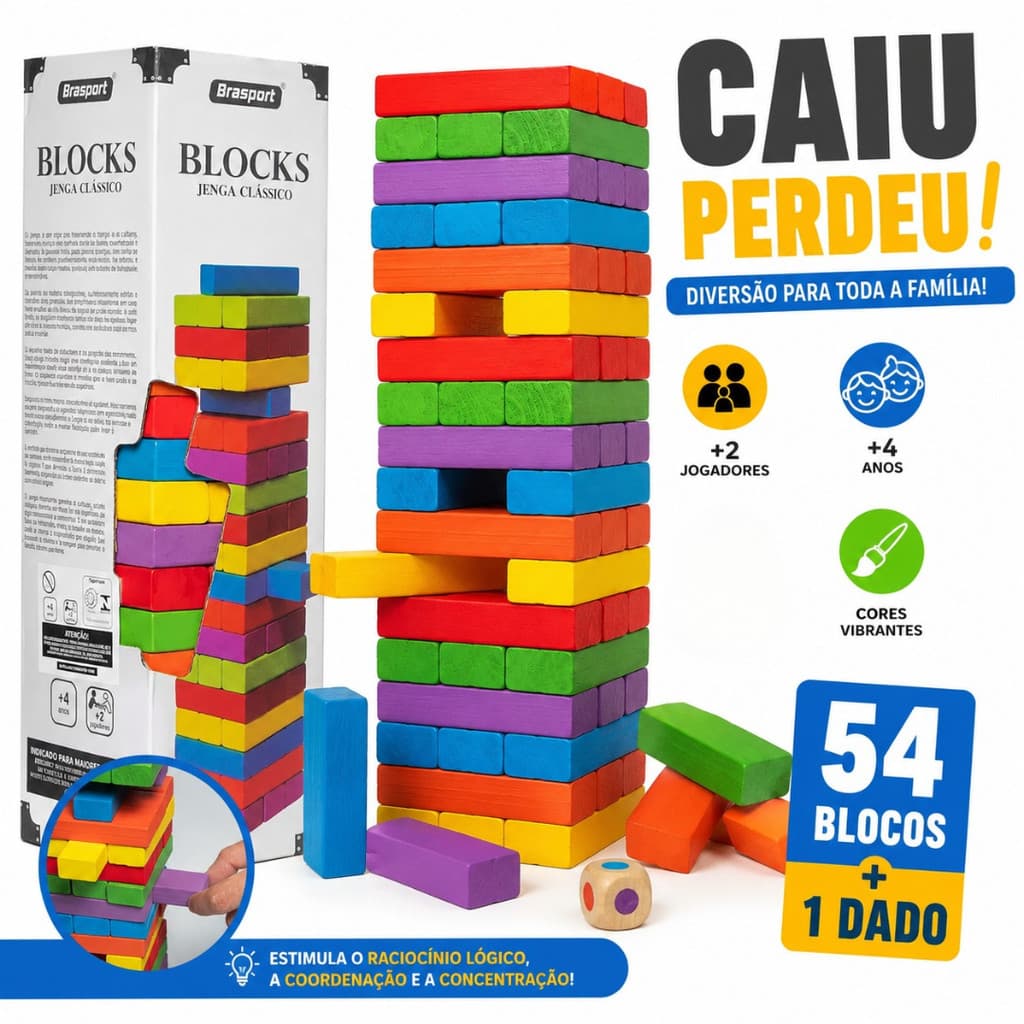 Jogo Caiu Perdeu Torre Colorida 54 Peças Brinquedo Pais e Filhos Equilíbrio Coordenação
