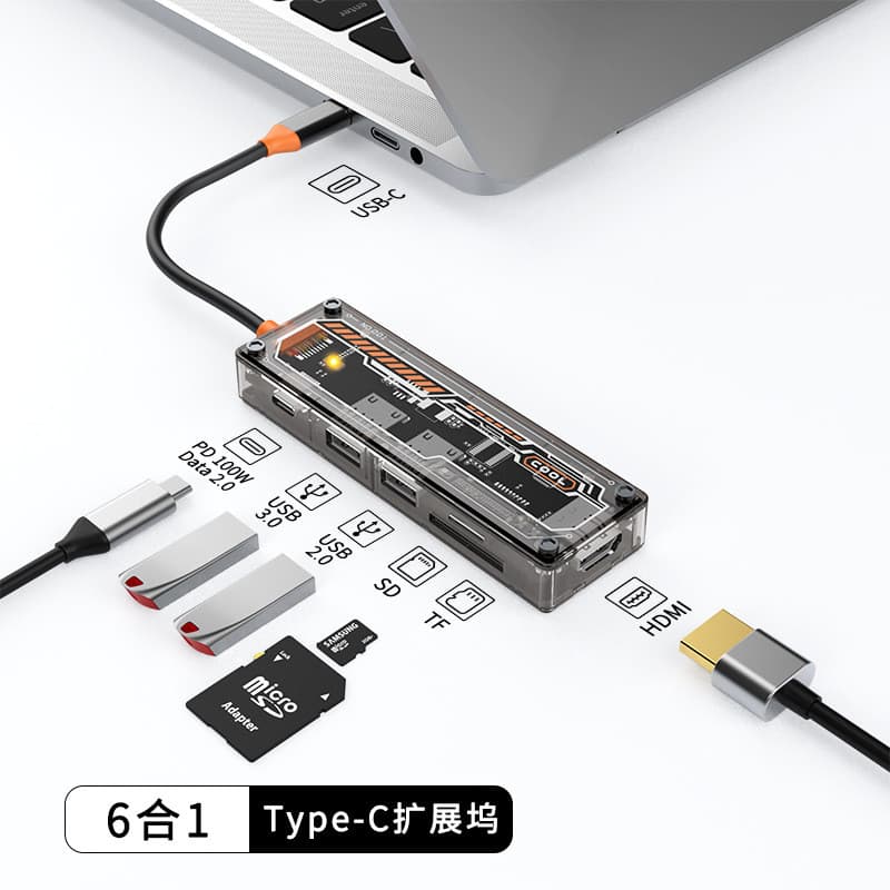 Adaptador multifuncional 6 em 1 tipo C HDMI HD 4K @ 30Hz Conversor Leitor de cartão TF/SD Hub USB Perspectiva Suporte de