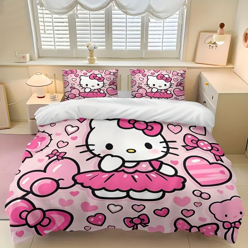 Conjunto de 3 peças Sanrio Hello Kitty Pink Bow Love Bedding Set - com laço rosa e padrão doce em formato de coração, in