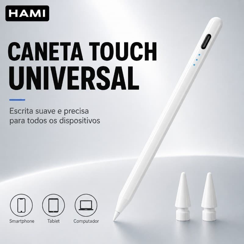 Caneta Touch Universal Recarregável Compatível com iOS Android Windows para Tablet Celular com 2 Pontas Extras