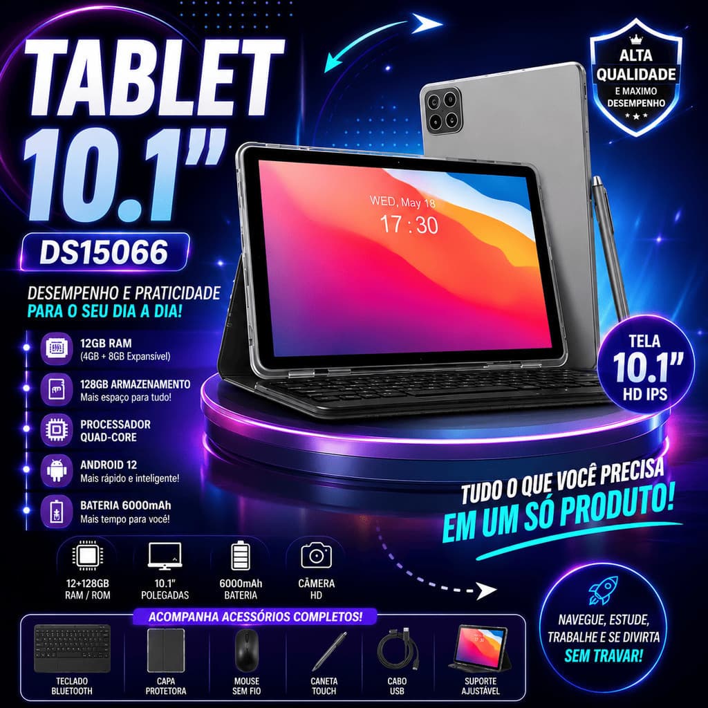 Tablet Com Teclado 10.1 E Mouse 12GB RAM Android Wifi Com Chip 4G LTE Estilo Notebook Trabalho Estudos